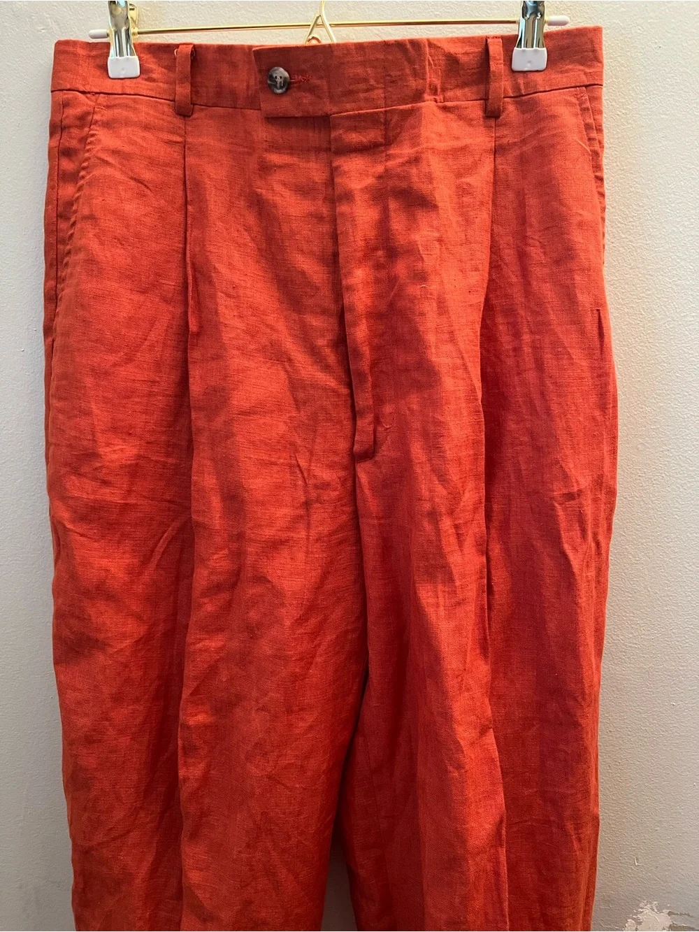INSERCH Mens Vintage 100% Linen Pants Size 32 Burnt Orange Cuffs Pockets Pleats